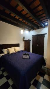 een slaapkamer met een bed met een blauw dekbed bij Refugio de las Estrellas in Antigua Guatemala