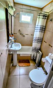 een badkamer met een wastafel, een toilet en een douche bij Complejo "Nahuel Pan " in El Chalten +30 foto's