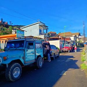 Une personne se tient à côté d'un camion bleu. dans l'établissement VANY Glamping, à Pasuruan