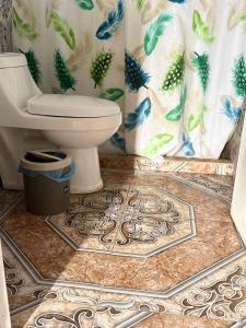 une salle de bain avec toilettes et rideau de douche dans l'établissement Cab19,Anisacate, à Alta Gracia 38 autres photos