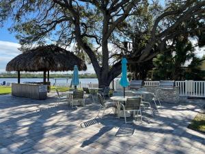 a group of tables and chairs with umbrellas at 2BR Renovated Siesta Key Condo, beach and pool access in Sarasota