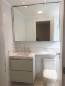 un bagno con lavandino, WC e specchio di Casa da Familia a Paulínia