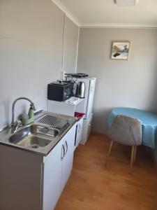 een kleine keuken met een spoelbak en een koelkast bij Cabaña Full Equipada Sector Norte B2 