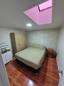a bedroom with a bed with a pink ceiling at Departamentos H&G in Punta Arenas