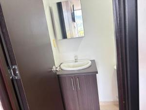 a bathroom with a sink and a mirror at apta estudio oronegro amanecer in Armenia +9 photos