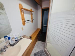 een badkamer met een wastafel en een douche bij Bujaks in Inuvik