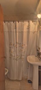 a bathroom with a shower curtain with a sink at Duplex Playa in Santa Clara del Mar