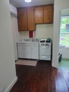 a kitchen with a stove and a sink at The Acorn at Oak Lodge in Palenville