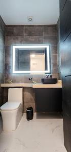 a bathroom with a sink and a toilet and a mirror at Residential Finca Celeste in Bijagua +18 photos