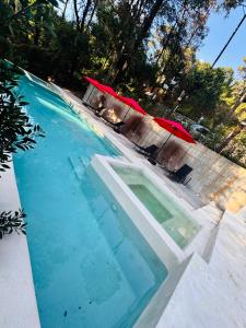 een zwembad met blauw water in een tuin bij Encino House Hotel Boutique in Valle de Bravo