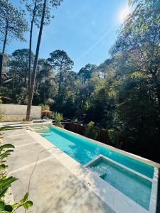 een zwembad in een tuin met bomen op de achtergrond bij Encino House Hotel Boutique in Valle de Bravo