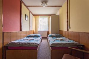 ホルニー・ベチュヴァにあるChata Barborkaのベッド2台と鏡が備わる客室です。