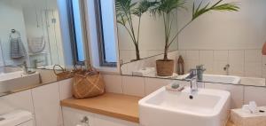 a bathroom with a sink and a mirror at Stillpoint Retreat in Motungarara +11 photos