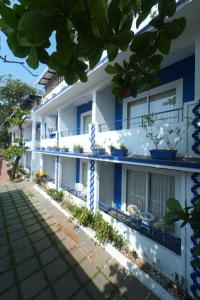 een blauw-wit gebouw met potplanten erop bij Surf and Sand in Aguada