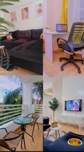 eine Collage aus vier Bildern eines Wohnzimmers in der Unterkunft Kisumu Cosy 1 BR Stay with AC and Backup Gen in Kisumu