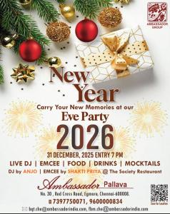 a flyer for a christmas eve party with christmas decorations at Ambassador Pallava in Chennai
