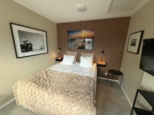 a bedroom with a large bed in a room at Stugcentralen Lägenhetshotell & Stugor in Halmstad