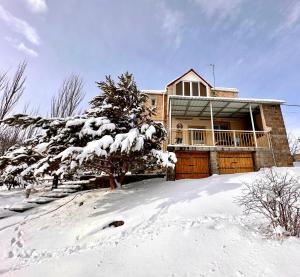 une maison couverte de neige avec un arbre devant dans l'établissement Holiday Home Kanyon, à Argel