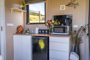 a kitchen with a counter with a microwave and a tv at Perrys North by Tiny Away in Forth