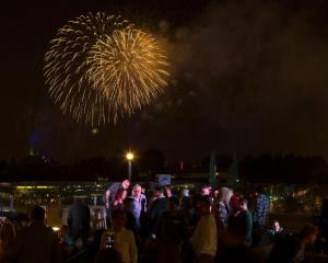 a crowd of people watching fireworks at night at Grand Legacy At The Park in Anaheim