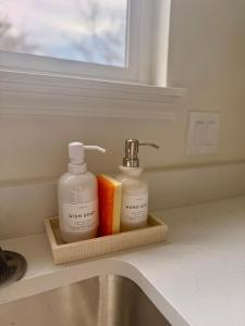 ein Waschbecken im Badezimmer mit zwei Seifenflaschen auf einem Halter in der Unterkunft New! Modern 4BR max 12 ppl, 5 mins to everything! in Reno