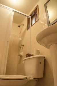 y baño con aseo, lavabo y ducha. en Hotel Posada Dominnycos, en San Cristóbal de Las Casas