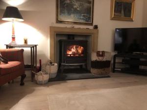 a living room with a fireplace and a television at Craigiebank - Lower Largo in Lower Largo