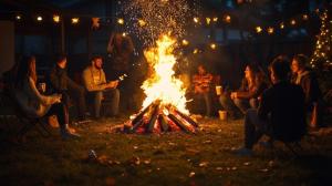 eine Gruppe von Menschen sitzt um ein Feuer herum in der Unterkunft The Himalayan Heaven Homestay, Binsar in Binsar