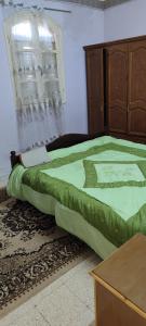 een slaapkamer met een groen bed en een raam bij Appartement Naim in Tozeur