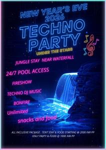 a flyer for a new years eve tea show party at Waterfall Camping A Hidden Paradise near Rishikesh in Rishīkesh