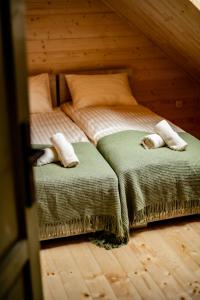 une chambre avec deux lits avec des oreillers dessus dans l'établissement Karmuszka Leśna Weranda, à Łukta