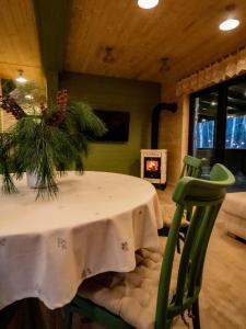 een tafel en een stoel met een vaas erop bij Karmuszka Leśna Weranda in Łukta