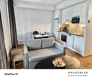 ein Wohnzimmer mit Sofa und Tisch in der Unterkunft Cozy and modern studio in a top location in Turku