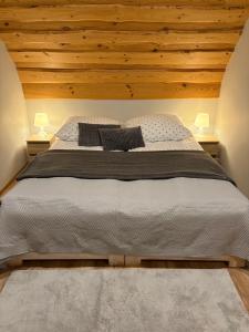 une chambre avec un grand lit avec des plafonds en bois dans l'établissement Domki Obłazówka nad Białką, à Nowa Biała
