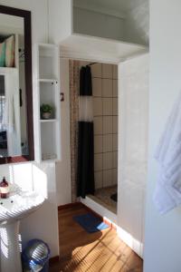 une salle de bains avec douche, lavabo et miroir dans l'établissement Die Dik Vis, à Velddrif