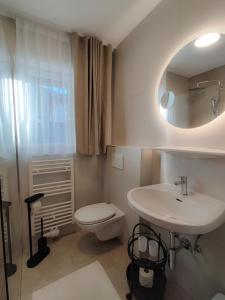 een badkamer met een toilet, een wastafel en een spiegel bij das Alpenblick & Outdoor Lodge Nauders in Nauders +51 foto's