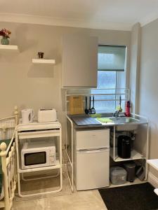 een kleine keuken met een spoelbak en een magnetron bij Costa del Pinner in Northwood