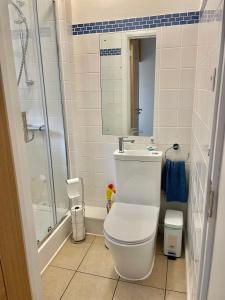 een badkamer met een toilet, een wastafel en een douche bij Costa del Pinner in Northwood +1 foto