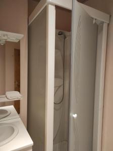 een badkamer met een douche en een wastafel bij Location d'un chalet de vacances in Pont-de-Poitte