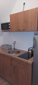 a kitchen counter with a sink and a microwave at Pokoje gościnne u Sołtysów in Jurgów