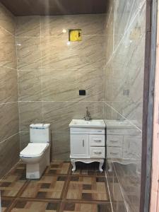a bathroom with a toilet and a sink at Perry's Cottage in Faigul