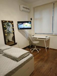 een slaapkamer met een bed, een bureau en een tv bij INSTA Haus in Plovdiv