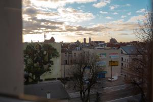 Blick auf eine Stadt aus einem Fenster eines Gebäudes in der Unterkunft Rosette Residence LOFT Jacuzzi in Toruń