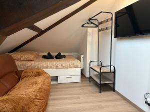 een zolderkamer met 2 bedden en een flatscreen-tv bij Studios 4 nations in Épinal