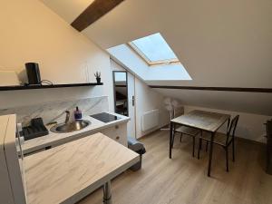 een keuken met een wastafel en een tafel met een raam bij Studios 4 nations in Épinal +13 foto's