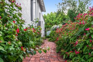 a brick path in front of a house with red flowers at Cottage on Carthage in Tamworth +7 photos