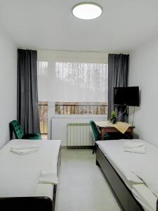 ein Zimmer mit zwei Betten und einem Schreibtisch und einem Fernseher in der Unterkunft Dom Wczasowy GLOBUS in Ustroń