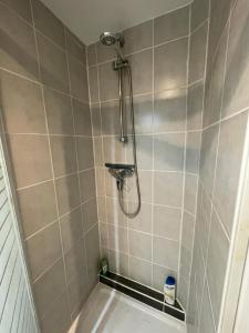 a shower with a shower head in a bathroom at Duplex charmant centre Joigny - 1 in Joigny