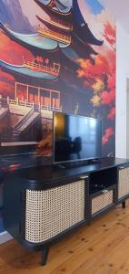 een flatscreen-tv voor een muurschildering bij Atypique Vendee in Luçon