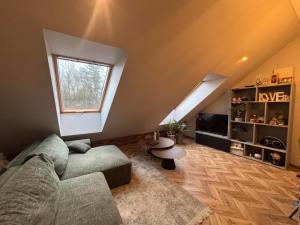 een woonkamer met een bank en een raam bij Botanical Manor Apartment in Kaunas